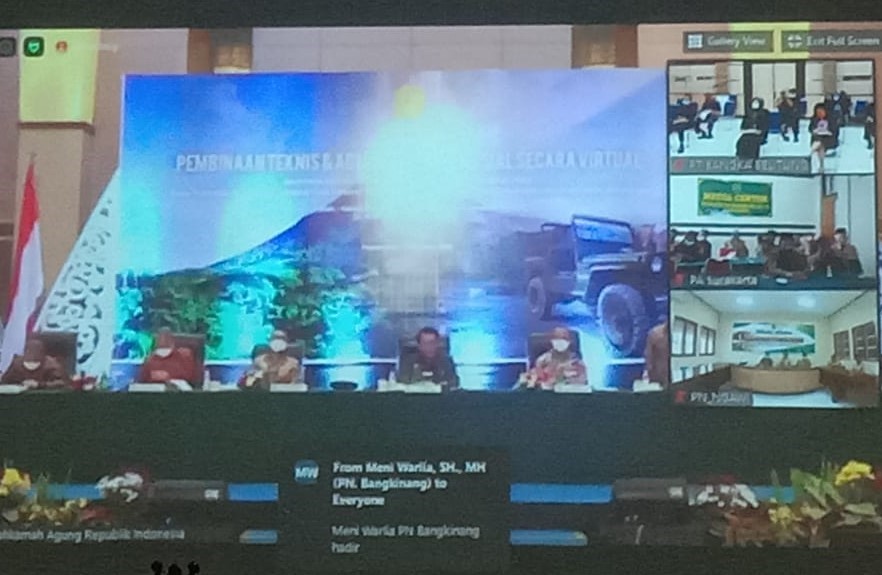 KETUA PENGADILAN TINGGI BANGKA BELITUNG BESERTA 	WAKIL KETUA, HAKIM TINGGI, HAKIM ADHOC TIPIKOR TINGKAT BANDING DAN APARATUR PENGADILAN MENGHADIRI KEGIATAN PEMBINAAN BIDANG TEKNIS DAN ADMINISTRASI YUDISIAL OLEH PIMPINAN MAHKAMAH AGUNG RI BAGI JAJARAN EMPAT LINGKUNGAN PERADILAN SELURUH INDONESIA SECARA VIRTUAL